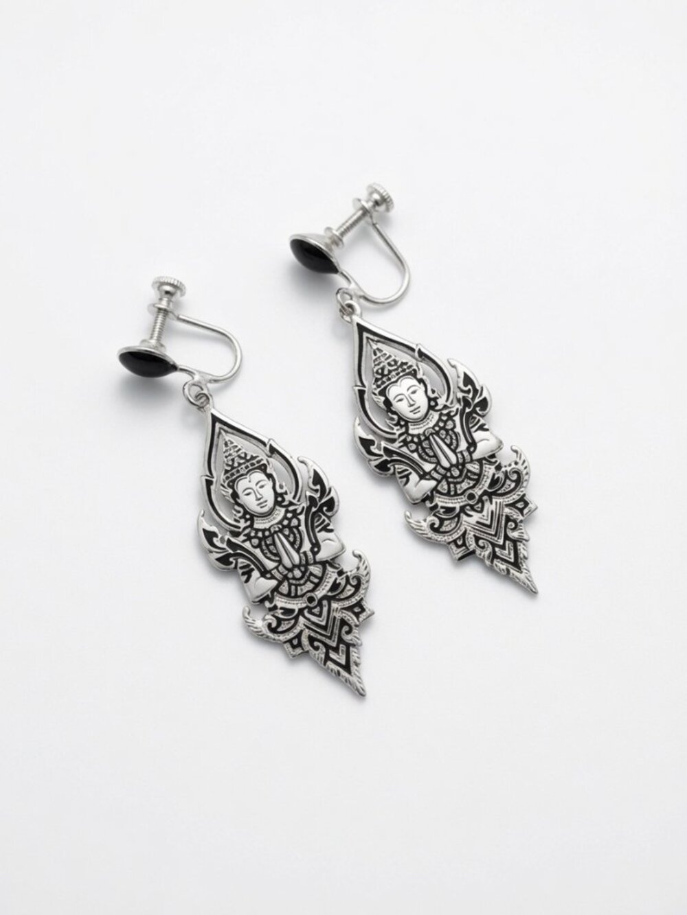 Vintage Sterling Silver Thai Niello, Long Drop Buddah Earrings